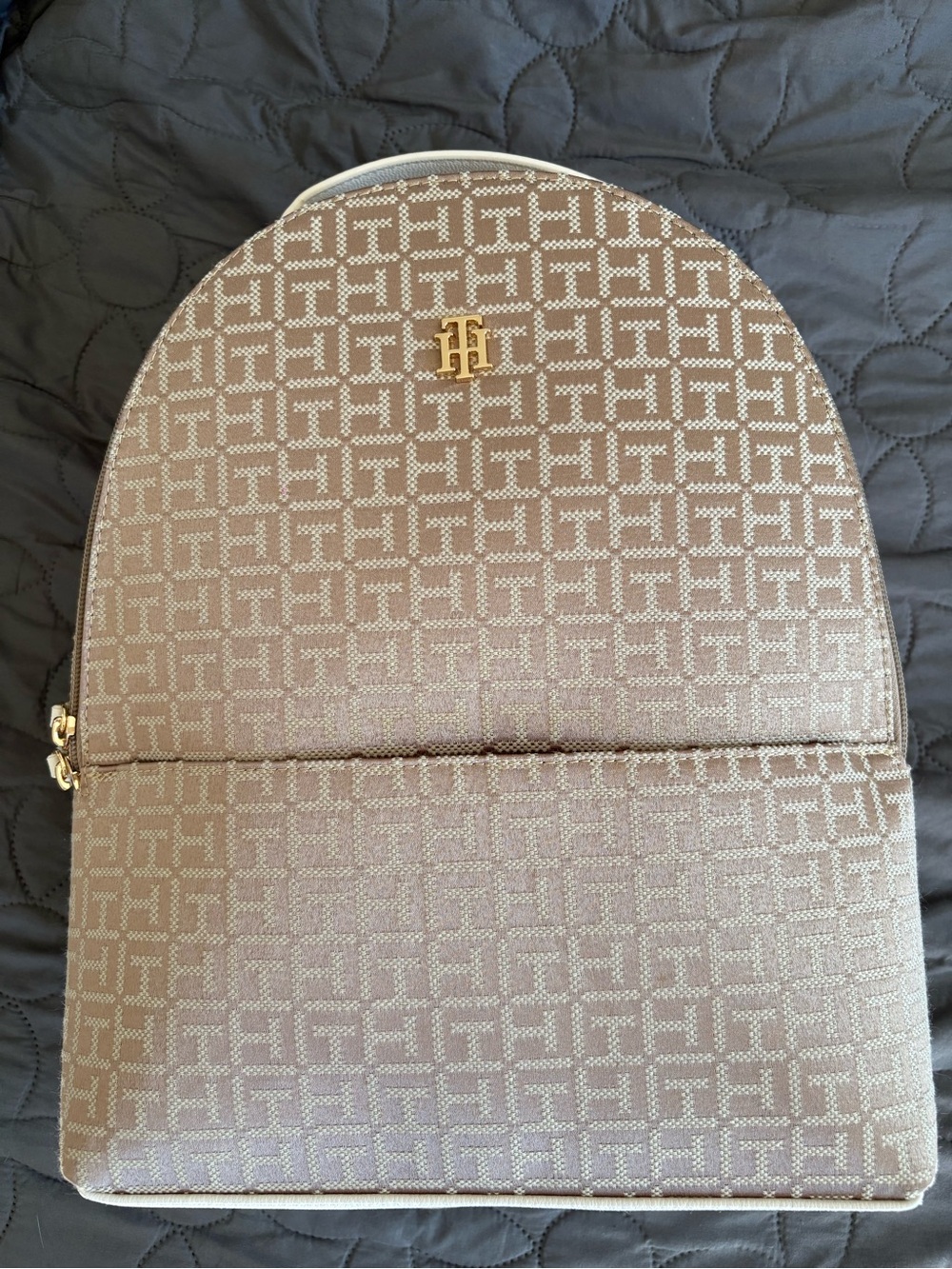 Beige Monogram Arch Backpack with Gold Accent